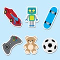 Illustration of an icons of toys, trolley, robot, video game, skate, ball, teddy bear