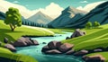 An illustration of the icy mountains in the distance with lush green fields of meadows and a river. Royalty Free Stock Photo