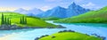 An illustration of the icy mountains in the distance with lush green fields of meadows and a river flowing across the vast lands. Royalty Free Stock Photo