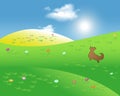 Illustration of idyllic green fields with sunshine rays and blue sky. A perfect landscape scene