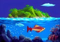 Illustration of Idyllic Island Paradise with Stunning Underwater World of Exotic Fish, Coral, and Stones