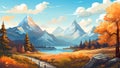 illustration of idyllic summer landscape with river, forest and mountains, beautiful nature scenery Royalty Free Stock Photo