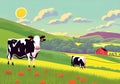 Illustration of a Idyllic and Vivid Countryside with Grazing Cows and a Blue Sky