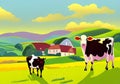 Illustration of an Idyllic and Vivid Countryside with Grazing Cows and a Blue Sky with White Clouds