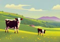 Illustration of a Idyllic and Vivid Countryside with Two Grazing Cows and a Blue Sky