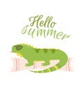 Illustration with iguana lizard with glasses on the rug and the inscription hello summer. Hello summer print with iguana reptile