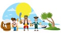 Illustration with the image of a band of pirates on a desert island