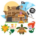 Illustration with the image of a bar in the form of a pirate ship. Set of labels for design items with a pirate theme. Cartoon ill