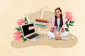 Illustration image collage of cute girl student sitting studying elibrary hand from display laptop hold books isolated