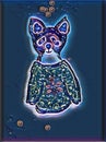 Illustration image of cute glowing neon purple fox in a night in big sweater with chestnut autumn leaf