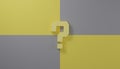 Question marks symbol shape on gray and yellow wall, concept of unknown problem, 3D rendering