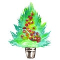 Illustration (image) with a watercolor green Christmas tree with the toys (balls) Royalty Free Stock Photo