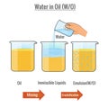 Illustration of immiscible liquids oil and water mixed together in an emulsion