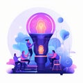 illustration of implementing an innovation violet and yellow with light bulb idea on,generated with AI.