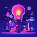 illustration of implementing an innovation violet and yellow with light bulb idea on,generated with AI.