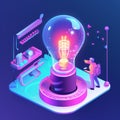 illustration of implementing an innovation violet and yellow with light bulb idea on,generated with AI.