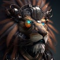 illustration of an imposing lion, steampunk cyberpumk style, AI generated