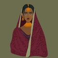 Illustration of an Indian girl in a traditional dress on a green background. An emotional serious Indian woman in a