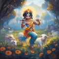 Illustration of Indian God, feather, flute or bansuri. Ai Generated