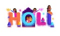 Illustration of indian people celebrating festival of colors holi adorable doodles creative concept design. Happy Holi