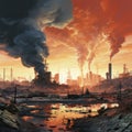 Illustration with the industrial age downfall, global warming, pollution and human impact on the planet