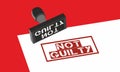 Illustration: Inscription `not guilty`, red stamp on white sheet. Not guilty rubber stamp. Justice, justification.