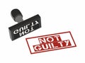 Illustration: Inscription `not guilty`, red stamp on white sheet. Not guilty rubber stamp. Justice, justification.