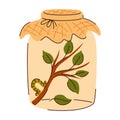 Illustration of an insect caterpillar contained in a glass jar on a branch with leaves Royalty Free Stock Photo