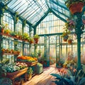 Glass house with a potting bench and shelving with plants and flowers growing, ai generated