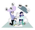 Illustration Insurance warranty concept. Children reading books. Dad holds a shield and mom holds an umbrella. Family and icon of