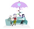 Illustration Insurance warranty concept. Father, mother, daughter, sitting on the sofa . Family and umbrella has an icon of saving