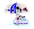 Illustration Insurance warranty concept. Three women of different ages sit on the sofa. Old woman holding an umbrella has an icon