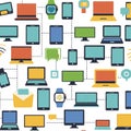 Illustration of interconnected digital devices, featuring laptops, smartphones, tablets, Royalty Free Stock Photo