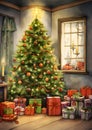 Illustration: the interior of the house, decorated Christmas tree with a star, around dozens of gifts. Christmas card as a symbol Royalty Free Stock Photo