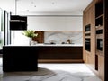 Illustration of the interior of a modern minimal and luxurious kitchen, natural lighting