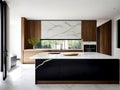 Illustration of the interior of a modern minimal and luxurious kitchen, natural lighting