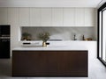 Illustration of the interior of a modern minimal and luxurious kitchen, natural lighting