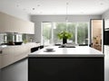 Illustration of the interior of a modern minimal and luxurious kitchen, natural lighting