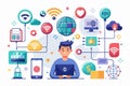 Illustration of internet connectivity and digital communication through a network of devices and symbols showcasing Royalty Free Stock Photo
