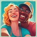 Illustration of Interracial love, couple selfie and laughing at funny joke outdoors