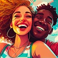 Illustration of Interracial love, couple selfie and laughing at funny joke outdoors,