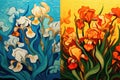 Illustration of iris flowers in two seasons - spring and summer, Flower Artwork in Van Gogh\'s style, AI Generated Royalty Free Stock Photo