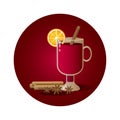 illustration with irish glass with mulled wine, cinnamon stick, cardamon and orange slice on red background