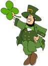 Leprechaun dancing a jig and holding a large 4 leaf clover