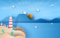 Illustration of Island with lighthouse on sea view sunlight blue sky,Summer time season concept,Boat floating in the sea on blue
