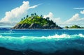 An illustration of an Island with trees surrounded by ocean under a blue sky with puffy white clouds. Created with Generative AI