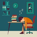 illustration of isolated child learn at night, Sleeping Boy Sitting At The Desk In Classroom, Part Of School And Scholar Royalty Free Stock Photo