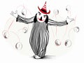 Illustration of isolated clown penguin juggling on white in hand-drawn style