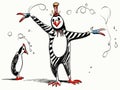 Illustration of isolated clown penguin juggling on white in hand-drawn style