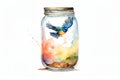 Illustration of a colorful bird in a transparent glass jar.